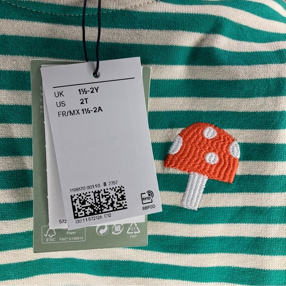 NWT H&M X EVA CHEN Embroidered Mushroom Cotton Top Stripe Cream Green 2T - Picture 5 of 5